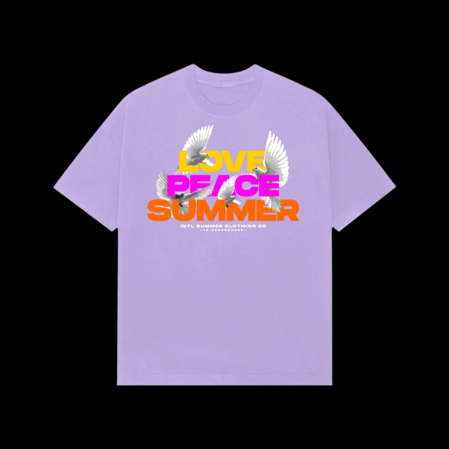 Purple t-shirt with 'LOVE PEACE SUMMER' text and graphic on a black background