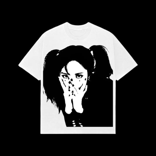 White t-shirt with a black graphic design of a person with pigtails on a black background