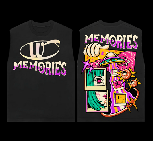Black sleeveless shirt with 'Memories' design on a black background
