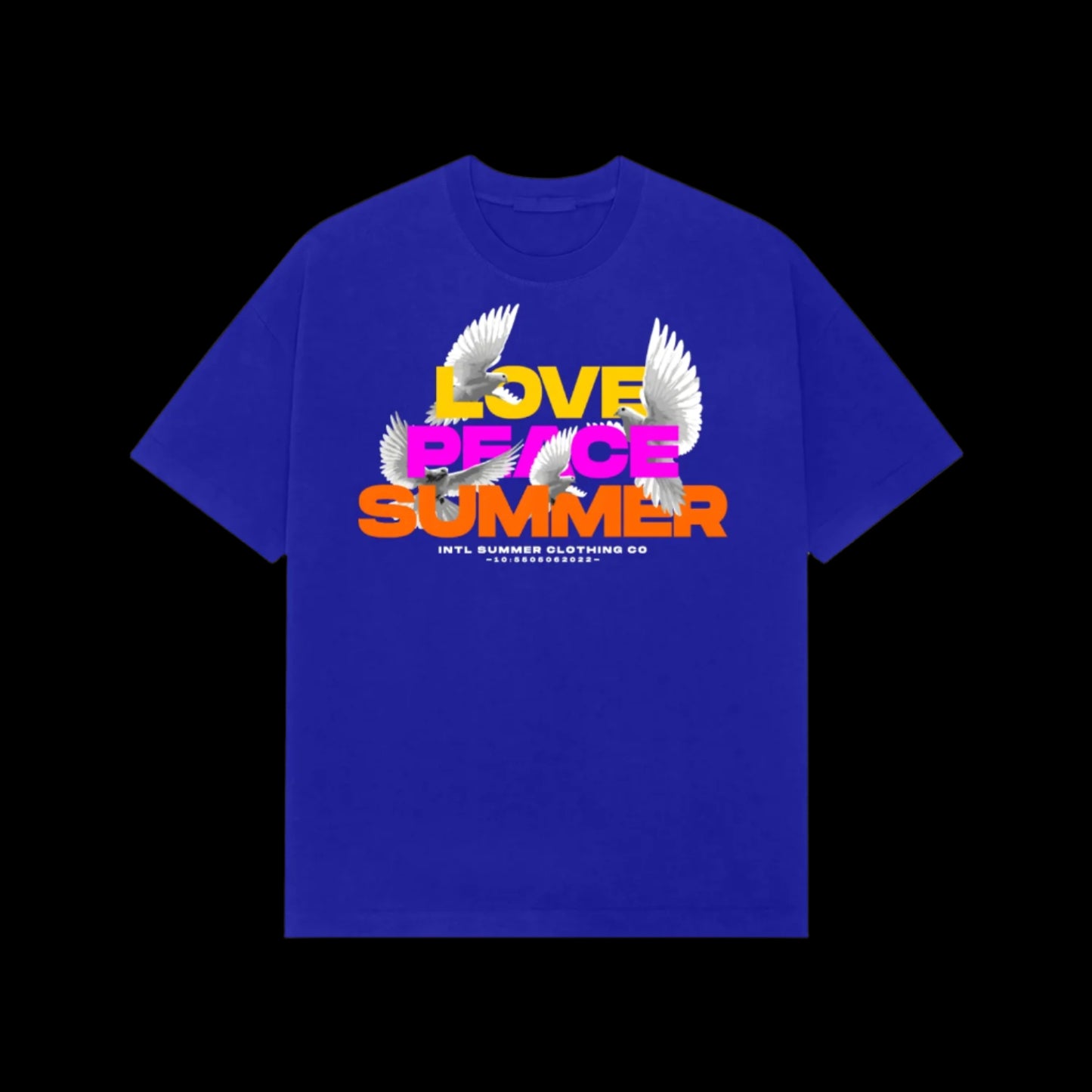 Blue t-shirt with 'LOVE PEACE SUMMER' text and wings on black background