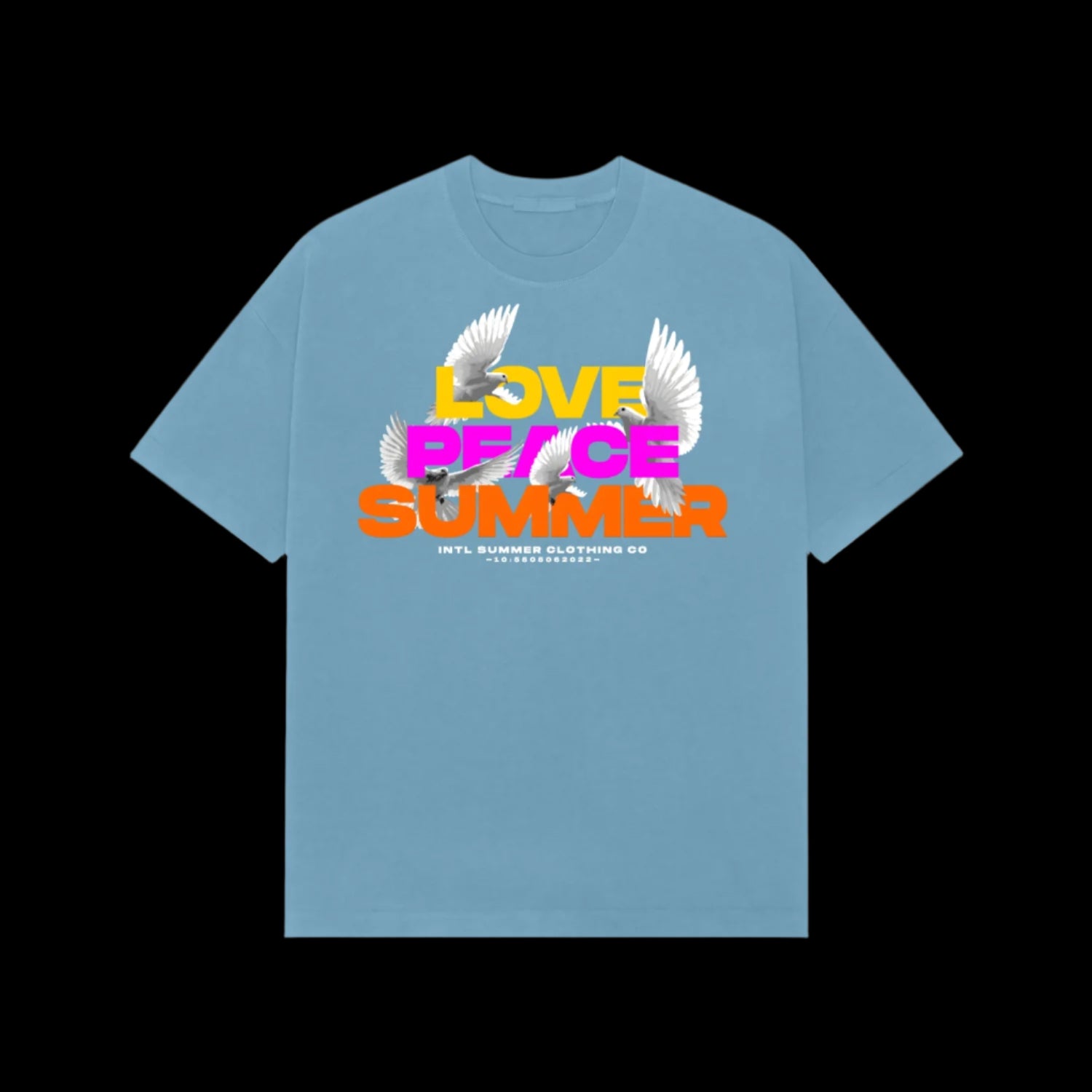 Blue t-shirt with 'LOVE PEACE SUMMER' text and dove graphics on a black background