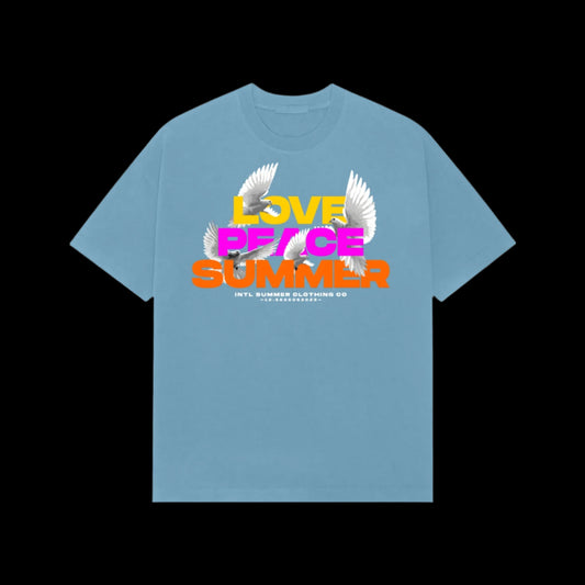 Blue t-shirt with 'LOVE PEACE SUMMER' text and dove graphics on a black background