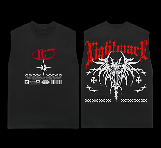 Black sleeveless shirts with red and white graphic designs on a black background