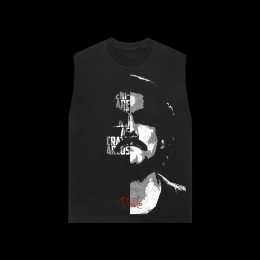 Black sleeveless shirt with graphic design on a black background