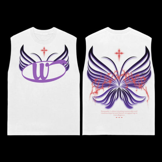 Two white sleeve less t shirt with purple butterfly designs and red accents on a white background