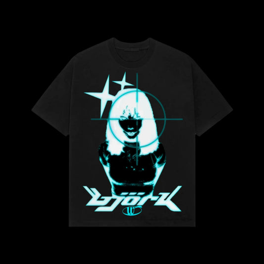 Black t-shirt with Bjérk graphic design on a white background