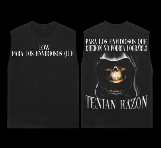 Black sleeveless shirts with Spanish text and a skull design on a black background